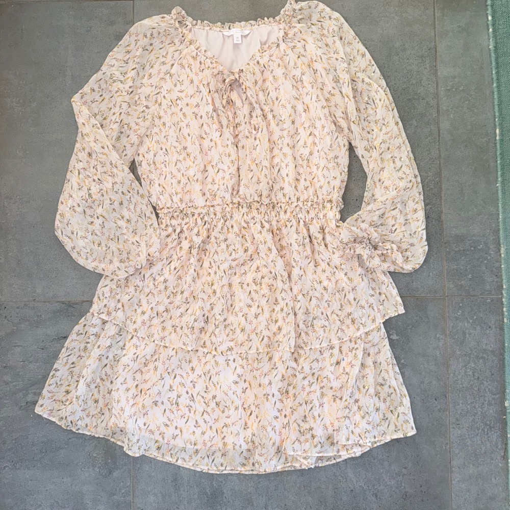 LC Lauren Conrad Floral Tiered Beige Dress Medium Pink Gold Foil Excellent Boho